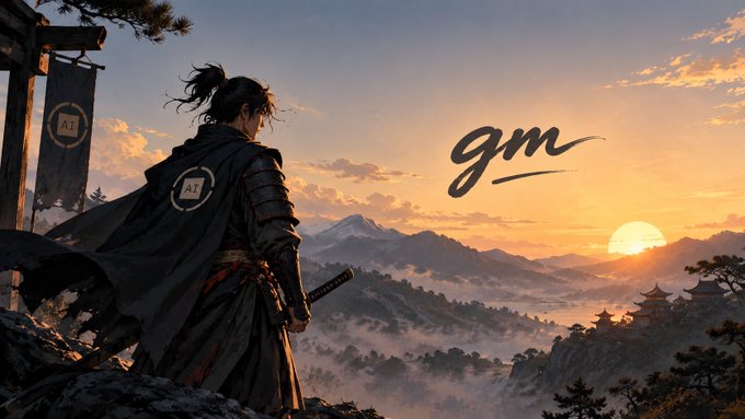 A samurai with a topknot stands on a cliff overlooking a misty mountain valley at sunset, wearing a dark cloak and armor with a sword at his side, while a banner on a torii gate to his left and an emblem on his back both display the letters "AT," and the handwritten text "gm" appears in the sky—evoking the crypto community's "good morning" greeting shared with the dawn scene.