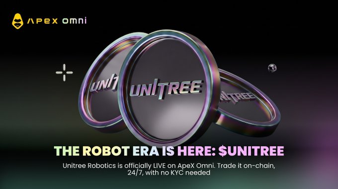 A promotional graphic for ApeX Omni featuring the Unitree token, with the text 'THE ROBOT ERA IS HERE: $UNITREE' and a note that Unitree Robotics is LIVE on ApeX Omni.