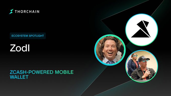 The image is a promotional graphic for THORChain's "Ecosystem Spotlight" featuring Zodl, labeled as a "Zcash-Powered Mobile Wallet," with the Thorchain logo, the Zodl logo, and circular photos of podcast hosts Kenton (KentonC137) and another co-host. It serves as a teaser for the THORChain Podcast episode where the hosts sit down with the Zodl team to discuss the self-custody, shielded-by-default wallet.