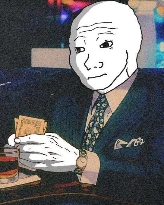 An illustrated figure of a bald man in a suit holding playing cards and cash sits at a table with a drink, set against a dark, atmospheric background.