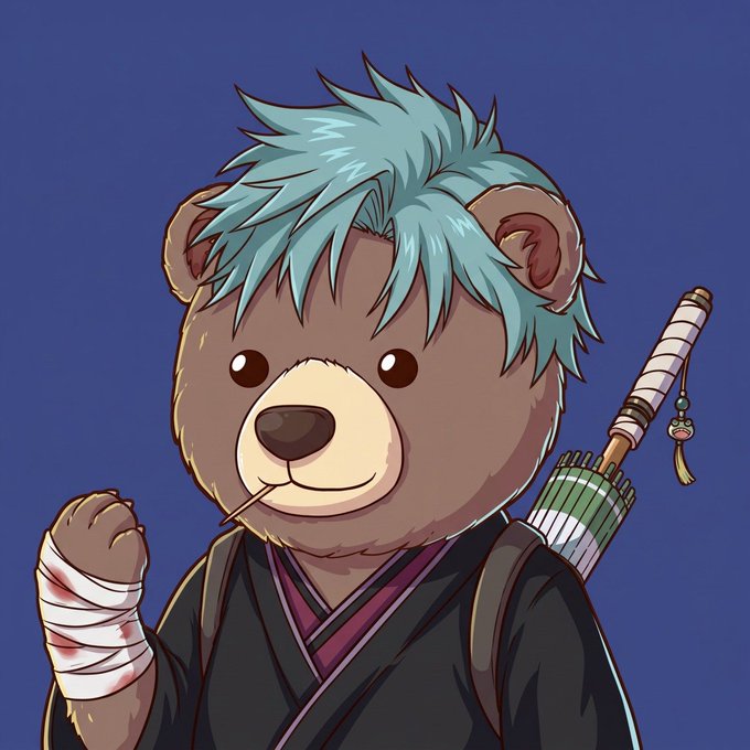 A chibi-style teddy bear with spiky light blue hair, wearing a black kimono and carrying a katana, holds a tooth pick while flexing its bandaged arm, playfully personifying the phrase "beating the bear" with a confident, battle-ready smirk.