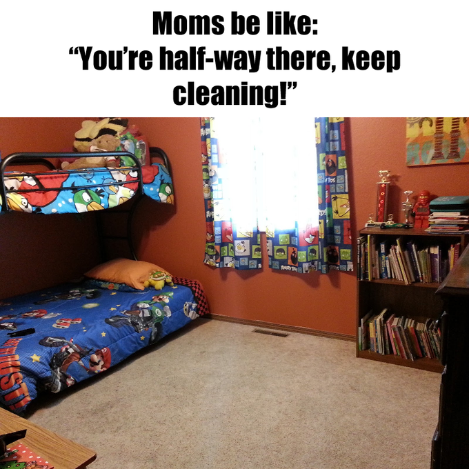 The image shows a bedroom with bunk beds, bookshelves filled with various books, and a window that allows natural light into the room. The caption reads "Mom's be like... You're half-way there, keep cleaning!" which is related to the concept of cleanliness in the context of a messy room or workspace. This implies that the mother might be expecting her child to maintain a tidy environment, and if not, she would remind them about it. The image also includes a reference to a market dip and a microstrategy, possibly indicating an online marketplace or investment opportunity related to the content of the post.