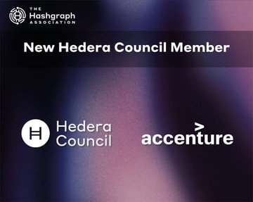An announcement graphic from 'The Hashgraph Association' headlined 'New Hedera Council Member', showing the 'Hedera Council' logo alongside the 'accenture' logo on a purple and black gradient background.