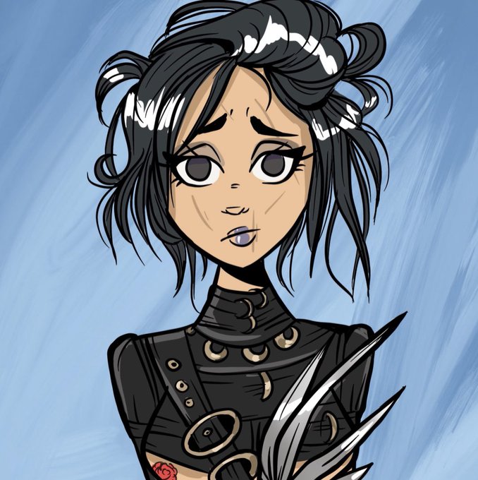A cartoon illustration of a dark-haired character with buns in a gothic black outfit with rings and metal claws, set against a blue background.