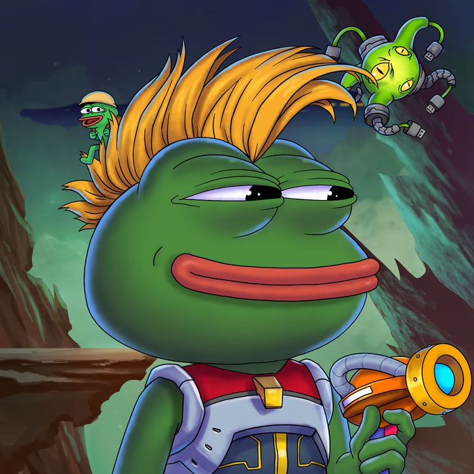 A green Pepe-style frog character with an orange spiky mohawk and futuristic armor holds a high-tech device, with a small Pepe in a bucket hat peeking from behind and a robotic mech flying overhead. The image promotes the PepeExplorers NFT collection, matching the post's excitement about a sweeping event and the creator's inspiration to make a "heater of a video" about the project.
