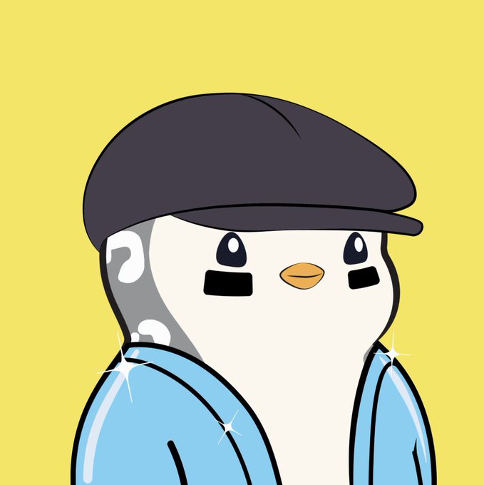 A cute cartoon illustration of a penguin-like bird character wearing a dark newsboy cap and a light blue shirt, set against a solid yellow background.