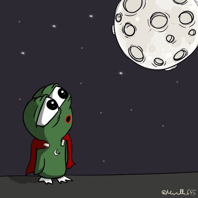 A cartoon illustration of a small green character in a red cape looking up at a large moon in a starry night sky.