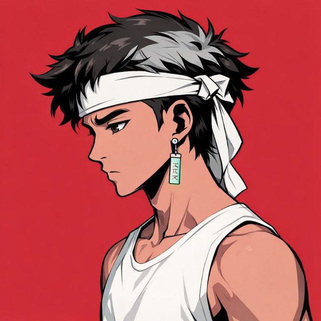 An anime-style illustration of a young man in profile wearing a white headband and tank top with a Japanese character earring, against a red background.