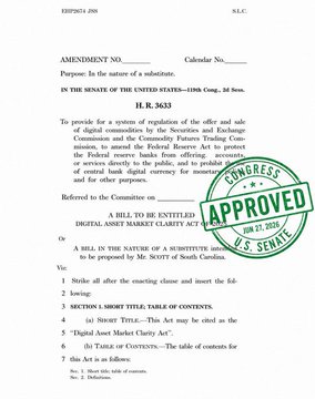 A document titled "DIGITAL ASSET MARKET CLARITY ACT" (Amendment No. 3633 to H.R. 3633) is shown with a green "APPROVED U.S. SENATE" stamp dated July 22, 2026, confirming the legislative progress referenced in the post about the CLARITY Act advancing toward institutional adoption of digital assets like XRP.