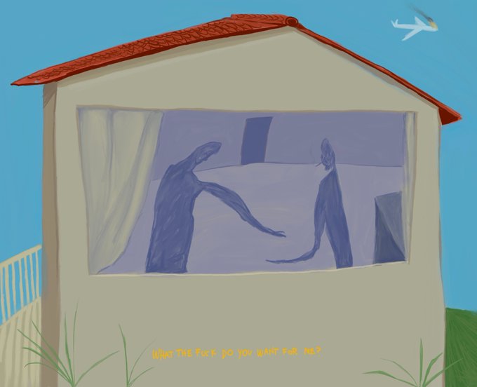 A digital painting shows two blue figures reaching toward each other through a window of a small house with a red roof, with text reading "I saw the Lord ask you, "who shall I send?"