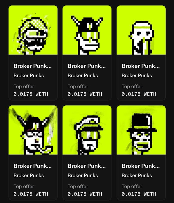 Grid of six Broker Punk NFT cards on a neon green background, each showing pixel-art characters with a top offer of 0.0175 WETH from the Broker Punks collection.