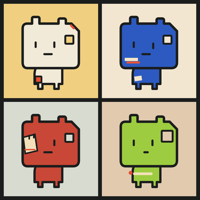 Four cartoon floppy-disk-like characters in a 2x2 grid, each in different colors (white, blue, red, green) with cute simple faces on pastel backgrounds.