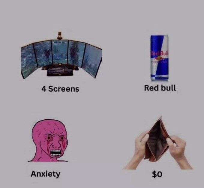 A meme image displaying a "Crypto bro beginner pack" in a 2x2 grid format, featuring four items: a multi-monitor gaming setup labeled "4 Screens," an energy drink labeled "Red bull," a distressed pink Wojak-style face labeled "Anxiety," and an empty wallet being turned inside out labeled "$0," humorously summarizing the stereotypical starter kit of cryptocurrency traders who invest in expensive equipment and caffeine while experiencing financial stress.