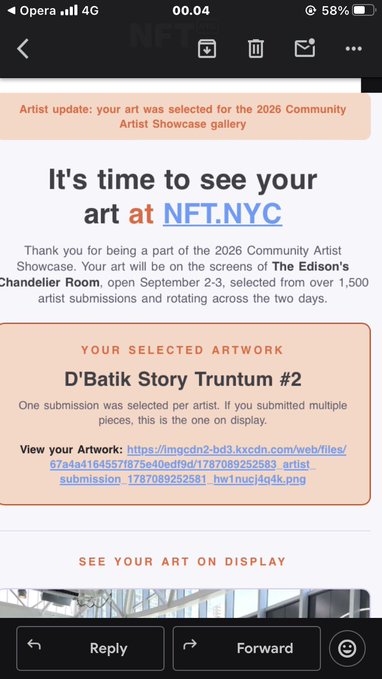 An email notification screenshot announcing that artwork titled 'D'Batik Story Truntum #2' was selected for NFT.NYC's 2026 Community Artist Showcase gallery.