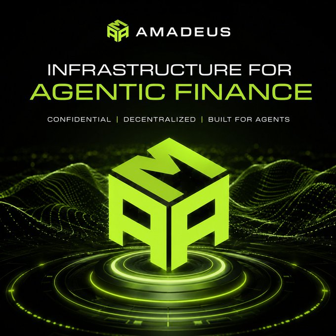 A promotional graphic for AMADEUS reading 'INFRASTRUCTURE FOR AGENTIC FINANCE CONFIDENTIAL | DECENTRALIZED | BUILT FOR AGENTS' with a green cube logo.