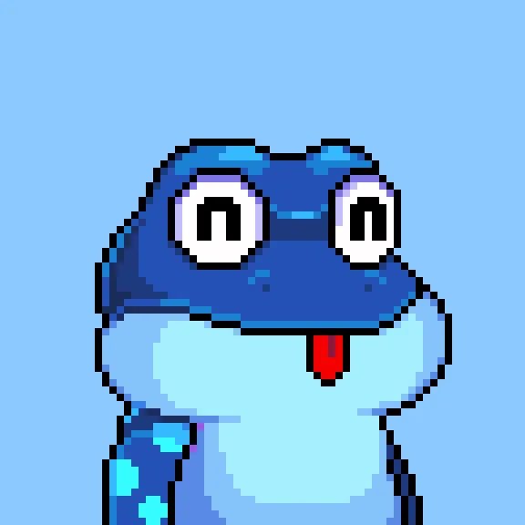 A pixel art blue frog with large white eyes and a red tongue sticking out against a light blue background, representing the "Bitcoin Frogs" theme.