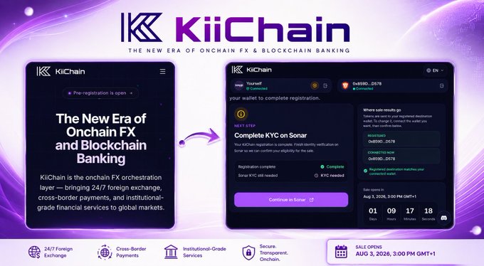 Promotional graphic for KiiChain's public sale, showcasing screenshots of the registration page and KYC verification on Sonar, with key details including a sale date of August 3, 2026, 3:00 PM GMT+1, a countdown timer, and features highlighting 24/7 foreign exchange, cross-border payments, and institutional-grade services.