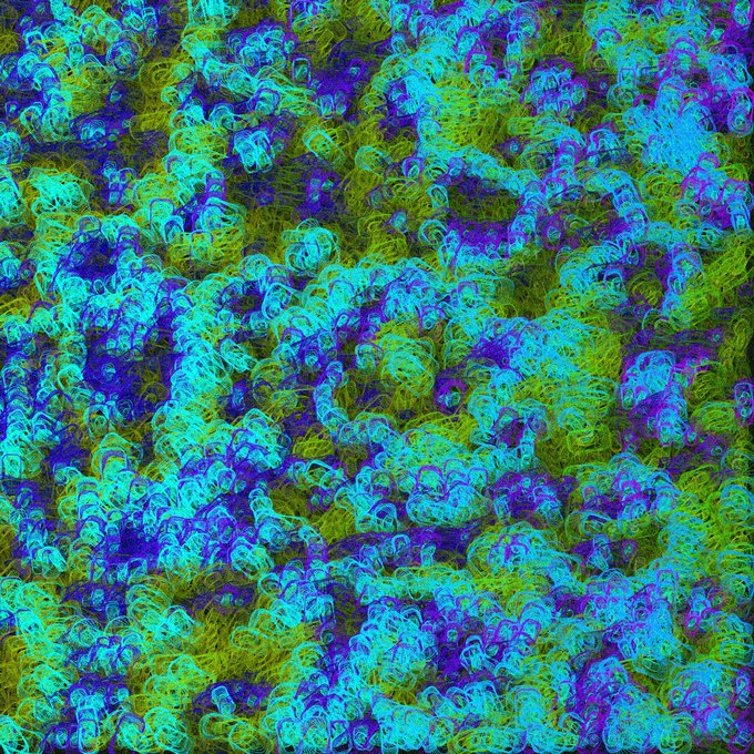 An abstract, psychedelic image featuring a repeating pattern of jellyfish-like shapes in vibrant neon blue, green, and purple colors.