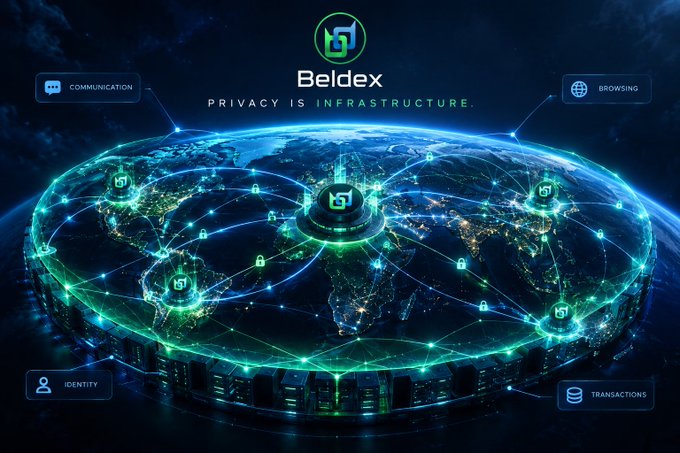 A futuristic graphic features the 'Beldex' logo over a glowing blue and green Earth, with text reading 'PRIVACY IS INFRASTRUCTURE' and labels for 'COMMUNICATION', 'BROWSING', 'IDENTITY', and 'TRANSACTIONS'.