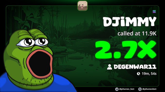 The image features a cartoon frog with its mouth open, sitting next to a banner that says "2x pump on my alpha call on DJIMMY CA>> 5mqo4Q4MAgJeifptyktDqqpump #memecoin #solana #Degen". The frog is positioned in the center of the image and appears to be making a funny face. The banner contains text that reads "2x pump on my alpha call on DJIMMY CA>> 5mqo4Q4MAgJeifptyktDqqpump #memecoin #solana #Degen".