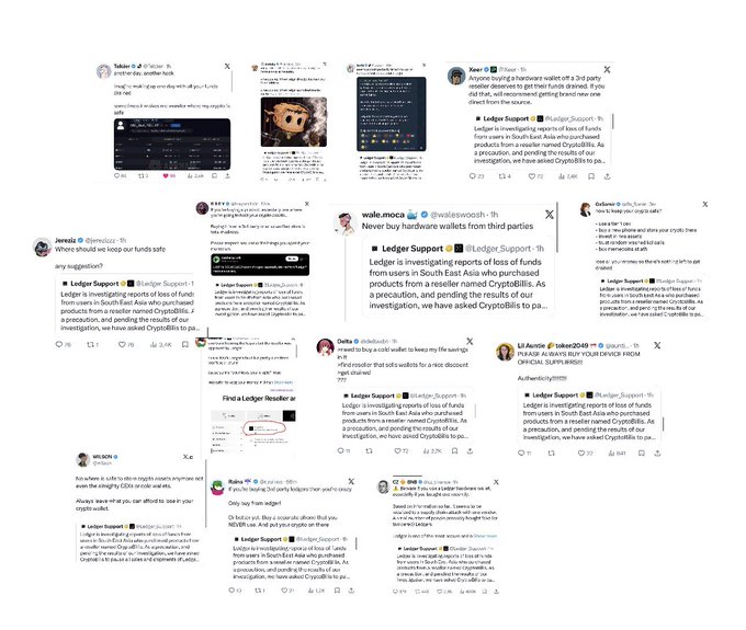 Collage of Twitter/X posts discussing Ledger support, with users sharing information about buying hardware wallets from third parties after a reseller named CryptoBilis was flagged.