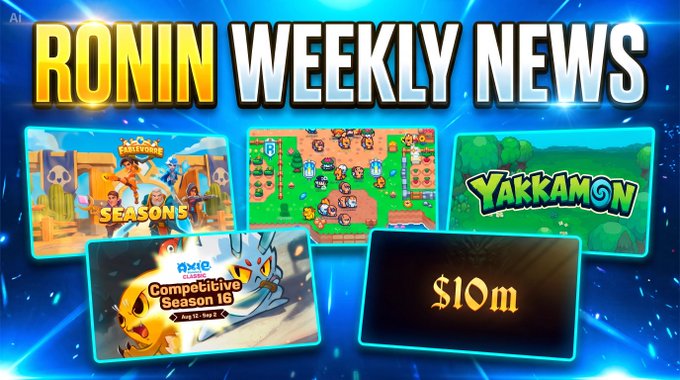 A banner titled 'RONIN WEEKLY NEWS' featuring thumbnails for 'Axie Battle Arena SEASON 6', 'Axie Classic', 'Yakkamon', 'Axie Competitive Season 16', and a box showing '$10m'.
