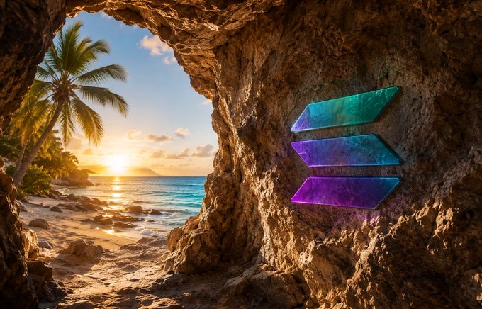 The image features a beach scene with a large rock formation, palm trees, and a sunset over the ocean. In the foreground of the photo, there's an arrow pointing towards the horizon, which appears to be part of a logo or design element. The text "Solana Summer" is visible in the image, suggesting that this could be related to the cryptocurrency Solana.