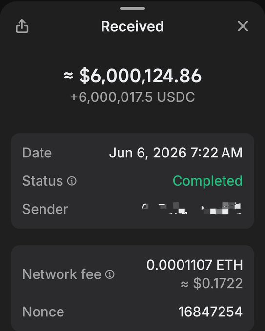 A screenshot of a completed cryptocurrency transaction shows a received amount of approximately $6,000,124.86 (+6,000,017.5 USDC) on June 6, 2026, with a network fee of 0.0001107 ETH, visually reinforcing the post's claim that depression can be cured by receiving $6 million.