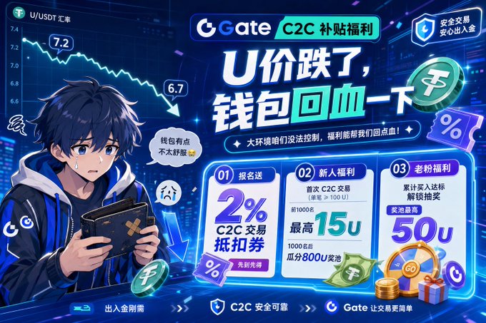 A promotional advertisement for Gate exchange featuring an anime character and the text 'U价跌了, 钱包回血一下' (U price dropped, refill the wallet), offering C2C trading rewards including '2%', '15u', and '50u' bonuses.