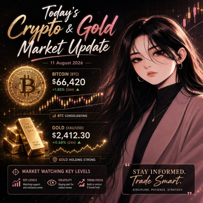 A 'Today's Crypto & Gold Market Update' dated 11 August 2026 showing Bitcoin (BTC) at $66,420 (+1.85%) and Gold (XAU/USD) at $2,412.30 (+0.68%), with an anime-style woman illustration and the tagline 'Stay Informed. Trade Smart.'