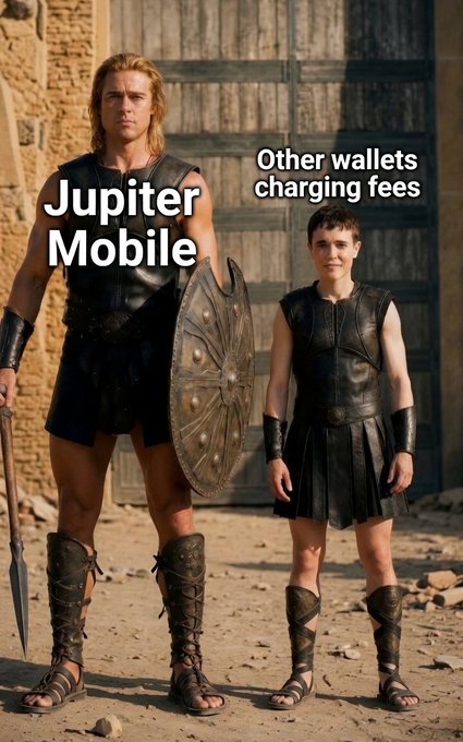 "Jupiter Mobile" is presented as a dominant force, juxtaposed against "other wallets charging fees" which appear significantly smaller and less imposing. This visual comparison directly supports the post's sentiment that the fight against high fees is unequal, with Jupiter Mobile being the clear victor.
