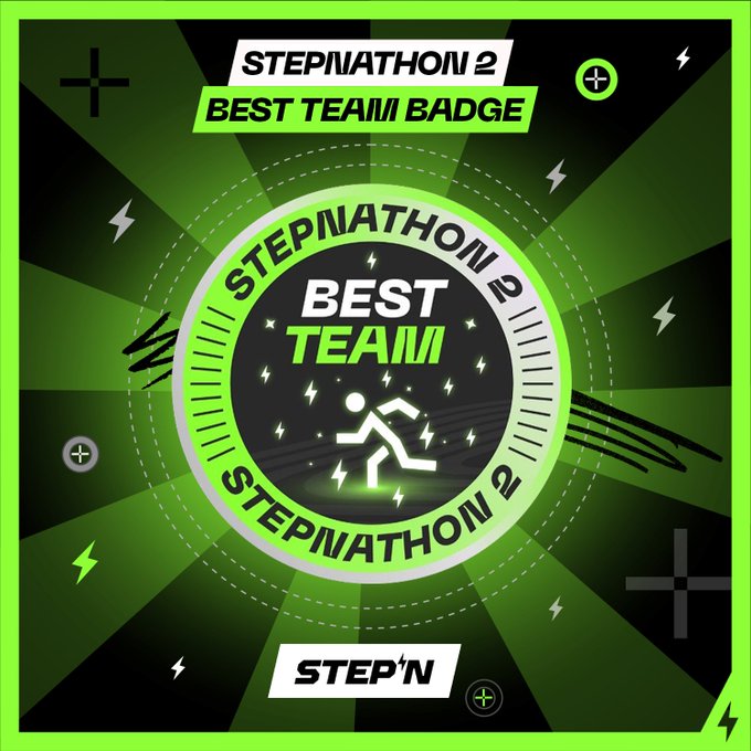 A green and black 'STEPNATHON 2 BEST TEAM BADGE' design featuring a running figure icon and the STEP'N logo.