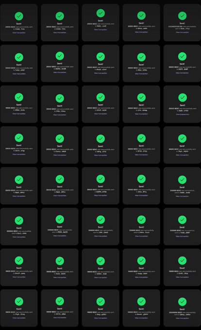 A grid of 40 identical green checkmark success notifications, each displaying wallet addresses and transaction IDs. The image serves as visual proof of completed transactions, likely to lend credibility to a $10,000 Solana giveaway promotion requesting participants to follow @MaximCrypto0, like and retweet, and submit their SOL addresses.