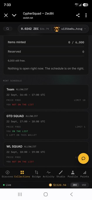 Mobile screenshot of CypherSquad-ZecBit (zecbit.net) NFT mint schedule, showing Team, GTD Squad, and WL Squad allowlist minting windows with ZEC pricing.