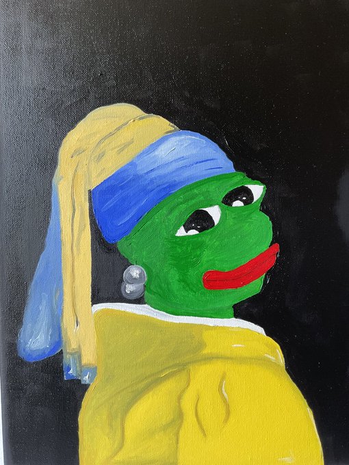 A painting reimagining Vermeer's "Girl with a Pearl Earring" as a Pepe the Frog meme, featuring the green frog character with the iconic blue headscarf, yellow robe, red lips, and the signature pearl earring. The accompanying caption describes it as "The pepe with the pearl ear," an oil on canvas (30x40 cm) listed for 0.69 ETH.