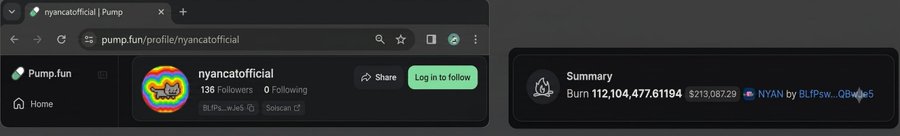 A screenshot of Pump.fun's profile page for "nyancatofficial" showing 138 followers and 0 following, with a summary panel highlighting a token burn of 112,104,477.61194 $NYAN tokens (worth $213,087.29) and the contract address "NYAN by BLiPsW...QBWje5," visually confirming the post's claim that the original creator burned his 11% supply rather than selling it.