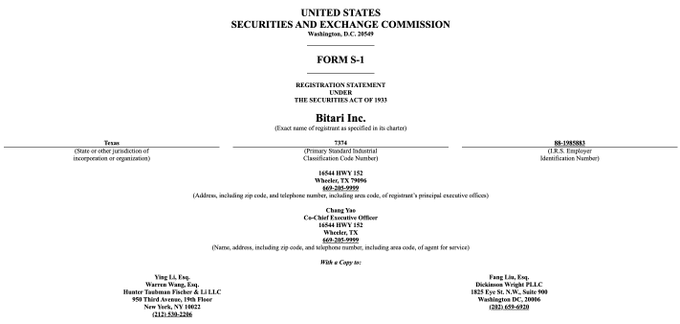 The image shows the cover page of Bitari Inc.'s SEC Form S-1 Registration Statement filing, which supports the accompanying post about the Bitcoin miner's proposed IPO. The document lists the company's principal executive offices in Wheeler, TX, with a primary standard industrial classification code of 7374, and details contact information for its CEO Cheng Yao and underwriters, consistent with plans to sell 4.3M shares at $7 for a $30M raise on Nasdaq.