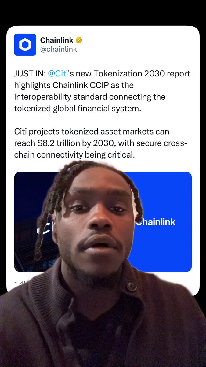 The image shows a man with dreadlocks wearing a brown jacket, who appears to be looking at his phone screen. The caption below the image reads "Just In: CCIP new tokenization report highlights Chaintink's CCIP as the interoperability standard connecting the tokenized global financial system". This suggests that Chainlink is promoting its CCIP tokenization project and highlighting its potential impact on the financial industry, possibly drawing attention to the bank's involvement in this project.