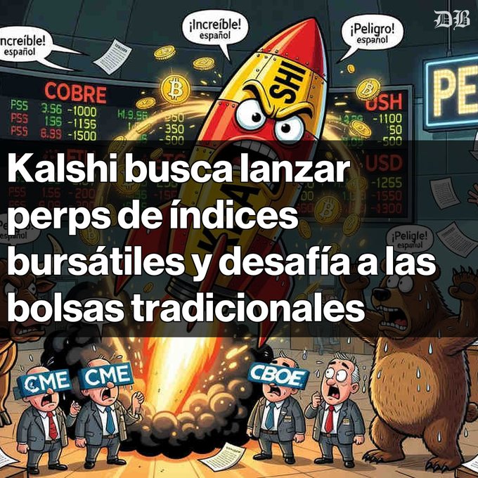 A cartoon-style illustration depicting a rocket labeled 'KALSHI' blasting off amid cryptocurrency chaos, with worried figures marked 'CME' and 'CBOE' watching from below, overlaid with Spanish text reading 'Kalshi busca lanzar perps de índices bursátiles y desafía a las bolsas tradicionales'.