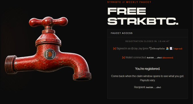 A promotional graphic displays a red faucet next to text reading 'STRKBTC // WEEKLY FAUCET' and 'FREE STRKBTC.', showing a registered status with the wallet address '0x3144...d9e5'.