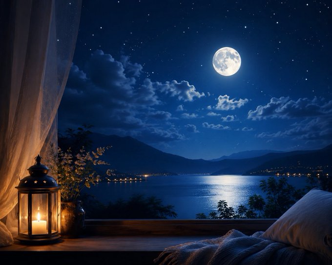 A serene nighttime scene viewed from inside a room shows a full moon and starry sky over a calm lake with distant mountains and shoreline lights, with a lit candle lantern, sheer curtains, and a cozy blanket in the foreground.