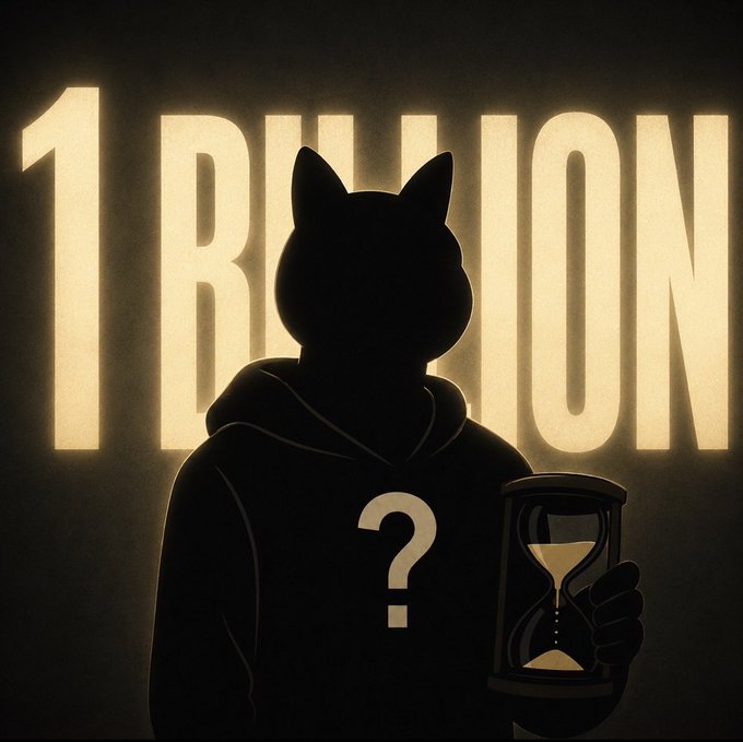 A dark silhouette of a cat-headed figure in a hoodie holding an hourglass with a question mark on its chest, set against a glowing '1 BILLION' text backdrop.