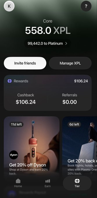 A mobile app screen displays a 'Core' tier with 558.0 XPL points, 99,442.0 to Platinum, $106.24 in rewards, and Dyson discount offers.