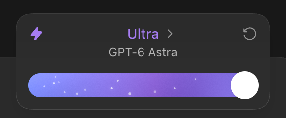 A dark UI panel displays the "Ultra > GPT-6 Astra" model selection with a nearly full progress bar (around 90%) and a slider control, reflecting the high remaining weekly usage mentioned in the post. The lightning bolt icon and reset symbol in the corners reinforce the imminent limit reset happening in an hour.