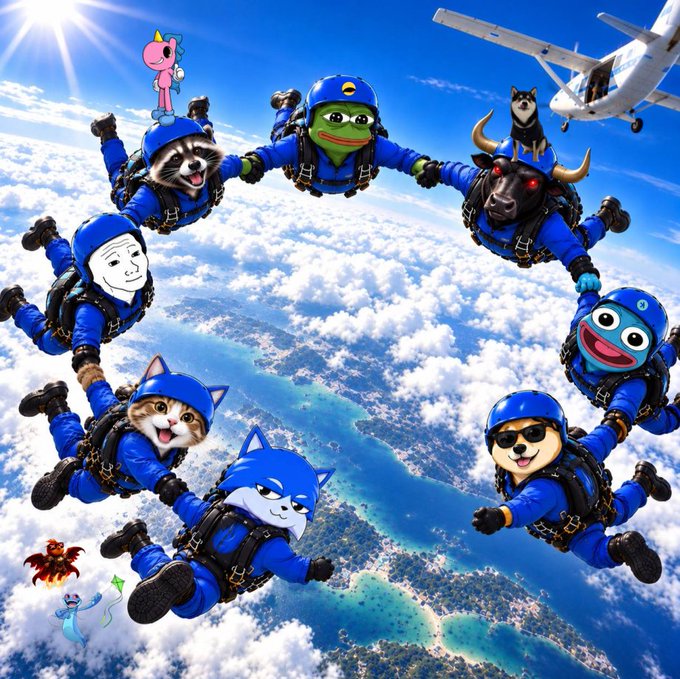 A circle of internet meme characters—including Pepe the Frog, Doge, Wojak, Pop Cat, Cheems, and a Shiba Inu—skydive in matching blue jumpsuits above a tropical coastline, with a plane flying off to the right, seemingly leaving an open spot for the missing character that completes the circle.