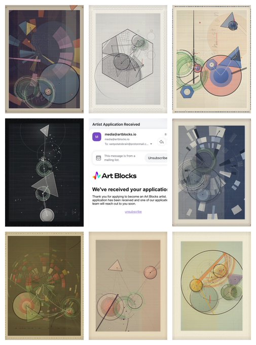 A collage showing eight abstract geometric artworks arranged around a confirmation email from Art Blocks stating 'We've received your application!' addressed to media@artblocks.io.