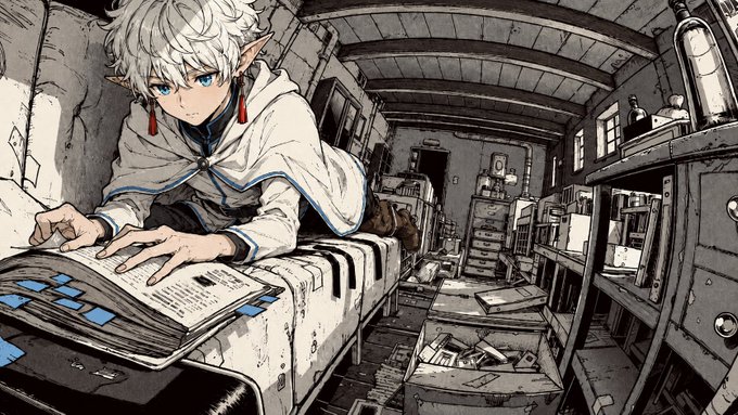 An anime-style character with white hair and pointed ears reads intently through a large book in a cluttered, cramped room. The scene reflects the post's theme of persistent job-seeking in web3, capturing the quiet determination of someone who has applied many times without success, searching for answers and opportunities amid a chaotic environment.