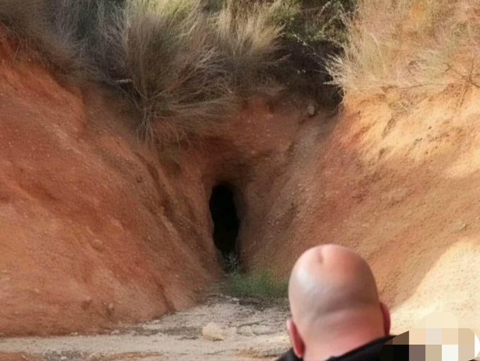 A bald man stands with his back to the camera, gazing into a dark, narrow opening carved into a reddish-brown earthen wall beneath dry brush. The image humorously illustrates the caption by suggesting the man is literally "inspecting holes" in the ground, playing on the phrase as both literal action and metaphor.