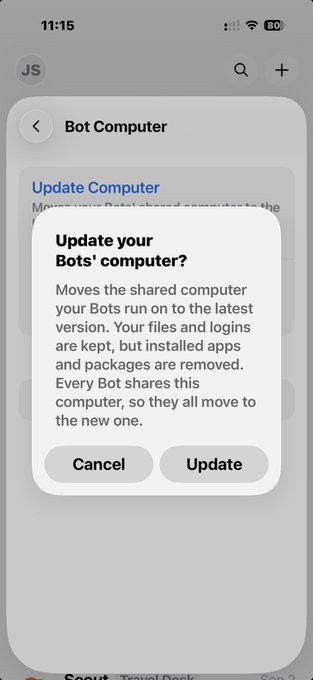 A smartphone screenshot showing a pop-up dialog asking to 'Update your Bots' computer?' with Cancel and Update buttons in an app.