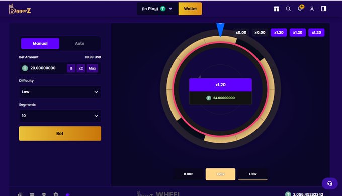 Screenshot of a Bgiggerz online gambling/betting game interface showing a wheel with multiplier values (x0.00, x1.20), a bet amount of 20.00000000, difficulty set to Low, 10 segments, and a yellow Bet button, with a wallet balance of 19.99 USD displayed.